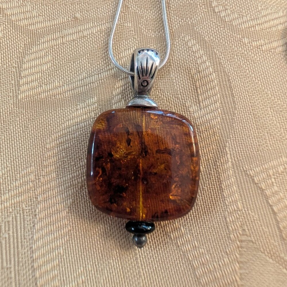 Vintage SHUBE Native Square Amber pendant with chain